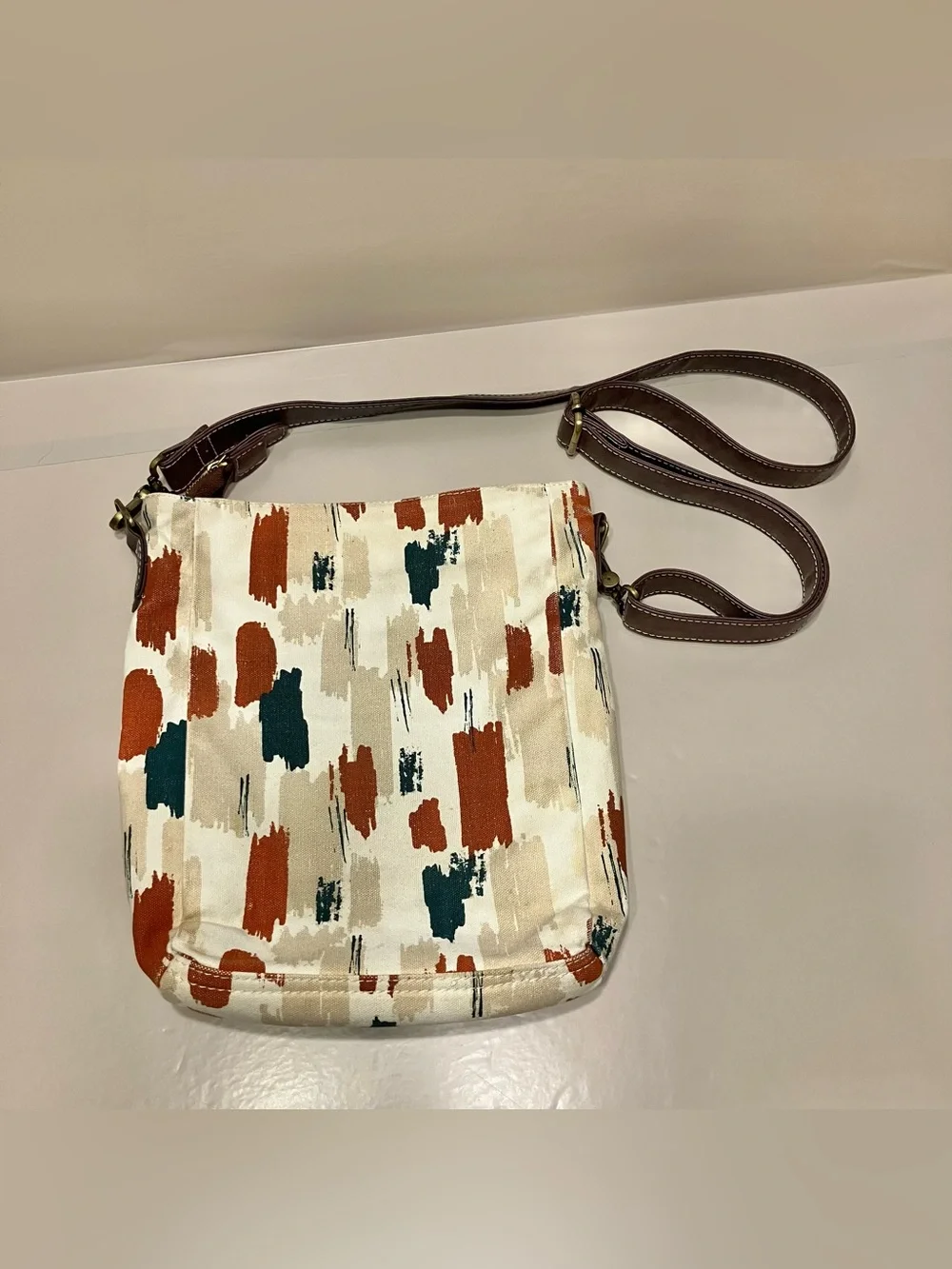 Maika Large Crossbody Purse Boho Bag Abstract Design‎ Vegan Brown Leather Strap